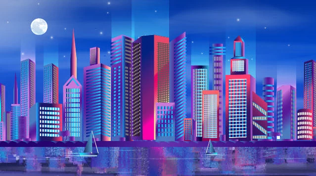 未来科技科幻霓虹灯渐变绚丽城市建筑夜景灯光插画AI/PSD设计素材100套【028】